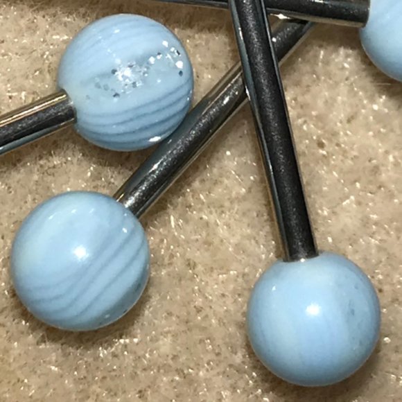 14 Gauge Light Blue, clear and glitter stripes through the design Tongue Ring - Picture 5 of 5